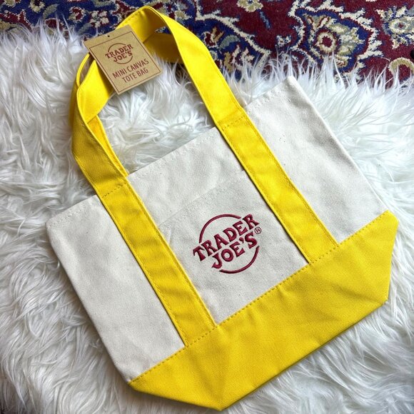 NWT Trader Joes Yellow Mini Canvas Tote Bag Reusable Ecofriendly Farm Market 865 - Picture 1 of 7